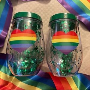 Pride tumblers goblets stemless wineglasses with rainbow heart & green lids pair
